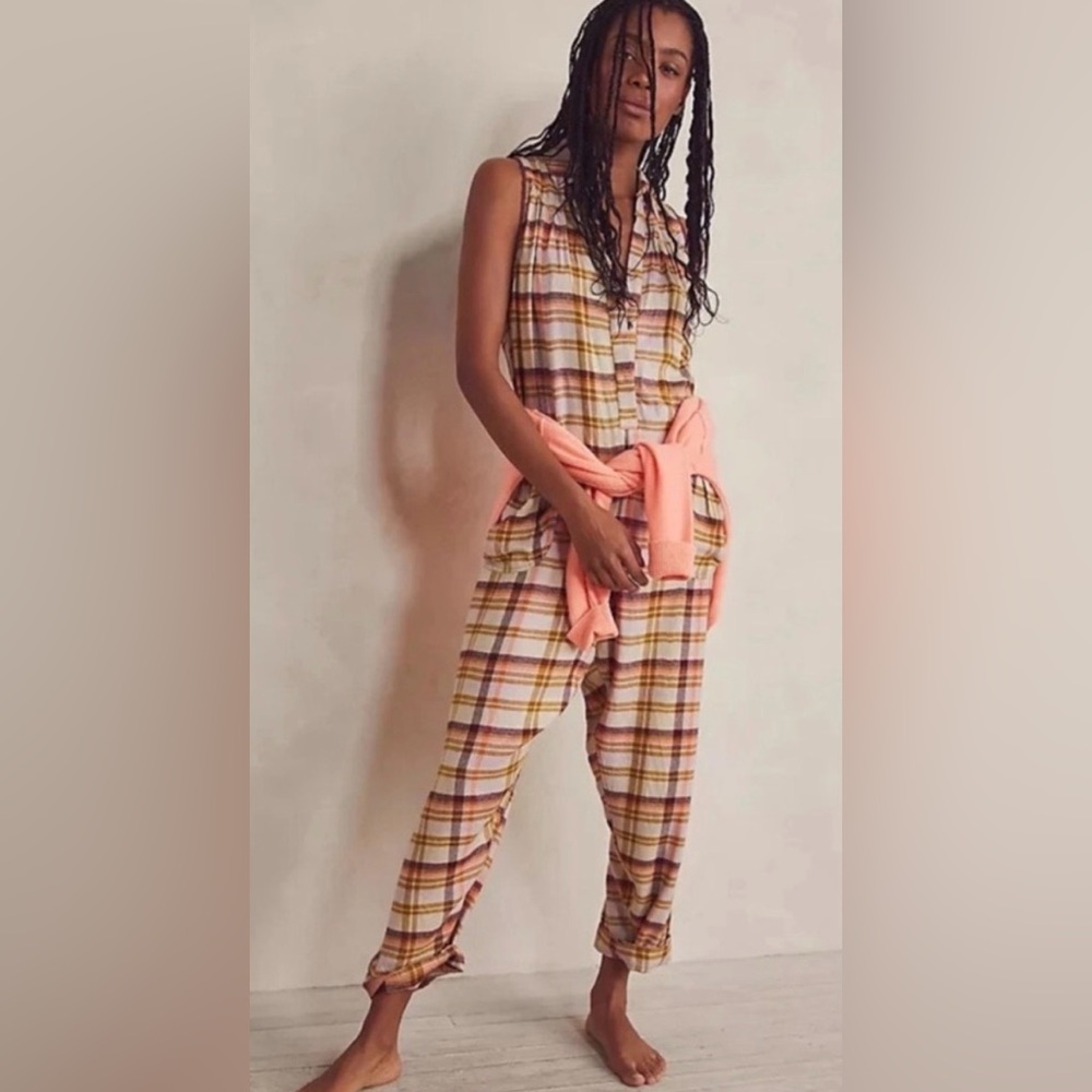 Free People Intimately Wrapped In Flannel Plaid Sleeveless Jumpsuit, Tea Combo